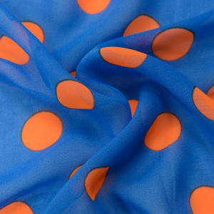 Синий шифон в оранжевый горох 9692 плотность 60 гр/м²