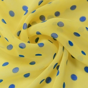 Желтый шифон в синих горох 9711 плотность 60 гр/м²